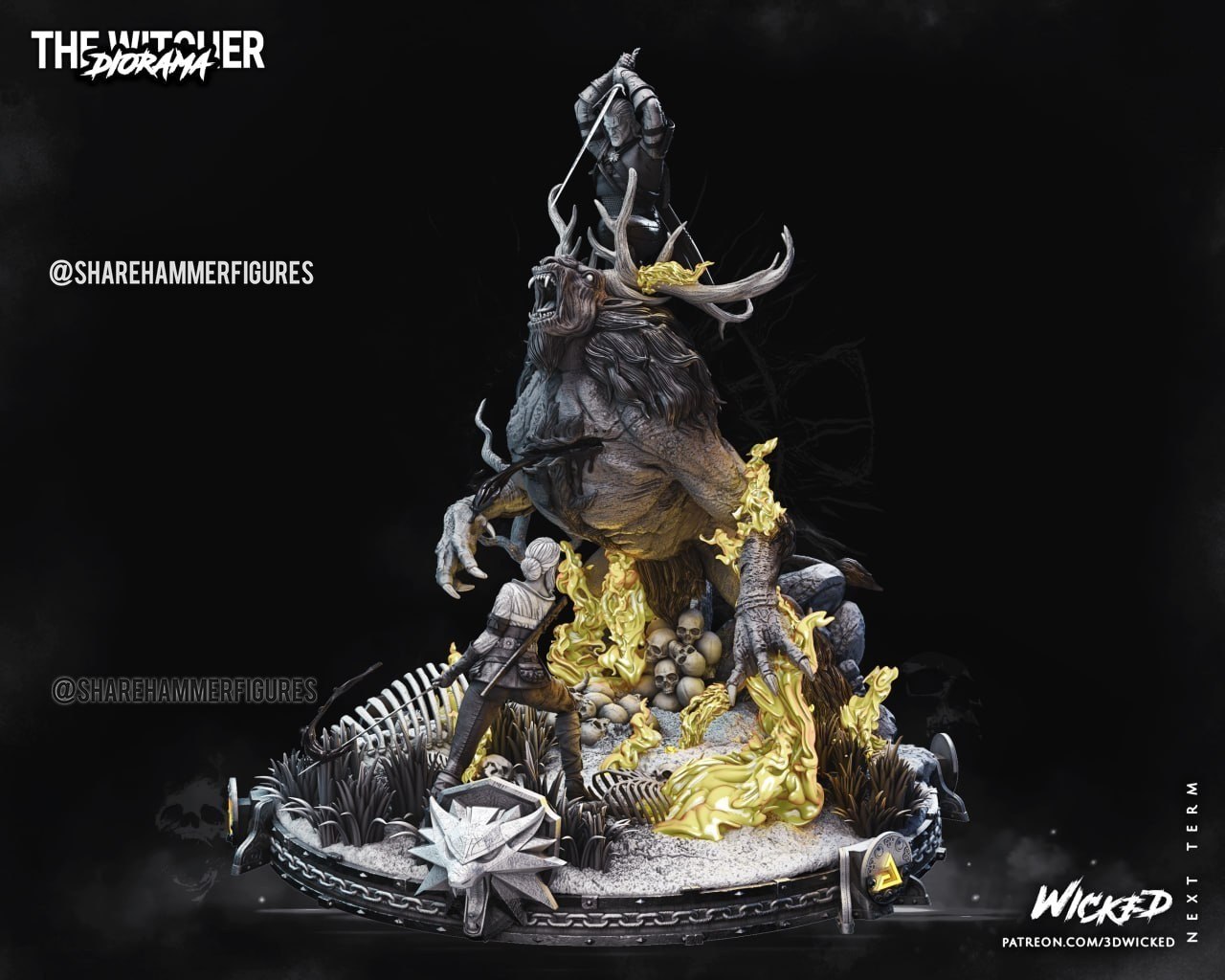 مجسمه سیری دیوراما، فیگور رزینی پیکسل3دی دال Ciri Diorama Statue با طراحی ژاکت چرمی قهوه‌ای و موی سفید بلند و شمشیر Zireael نقره‌ای و بیس دیوراما با پورتال سبز نورانی و دیوار سنگی، هدیه ای خاص و حماسی برای دکور میز و کلکسیون ویچر شما